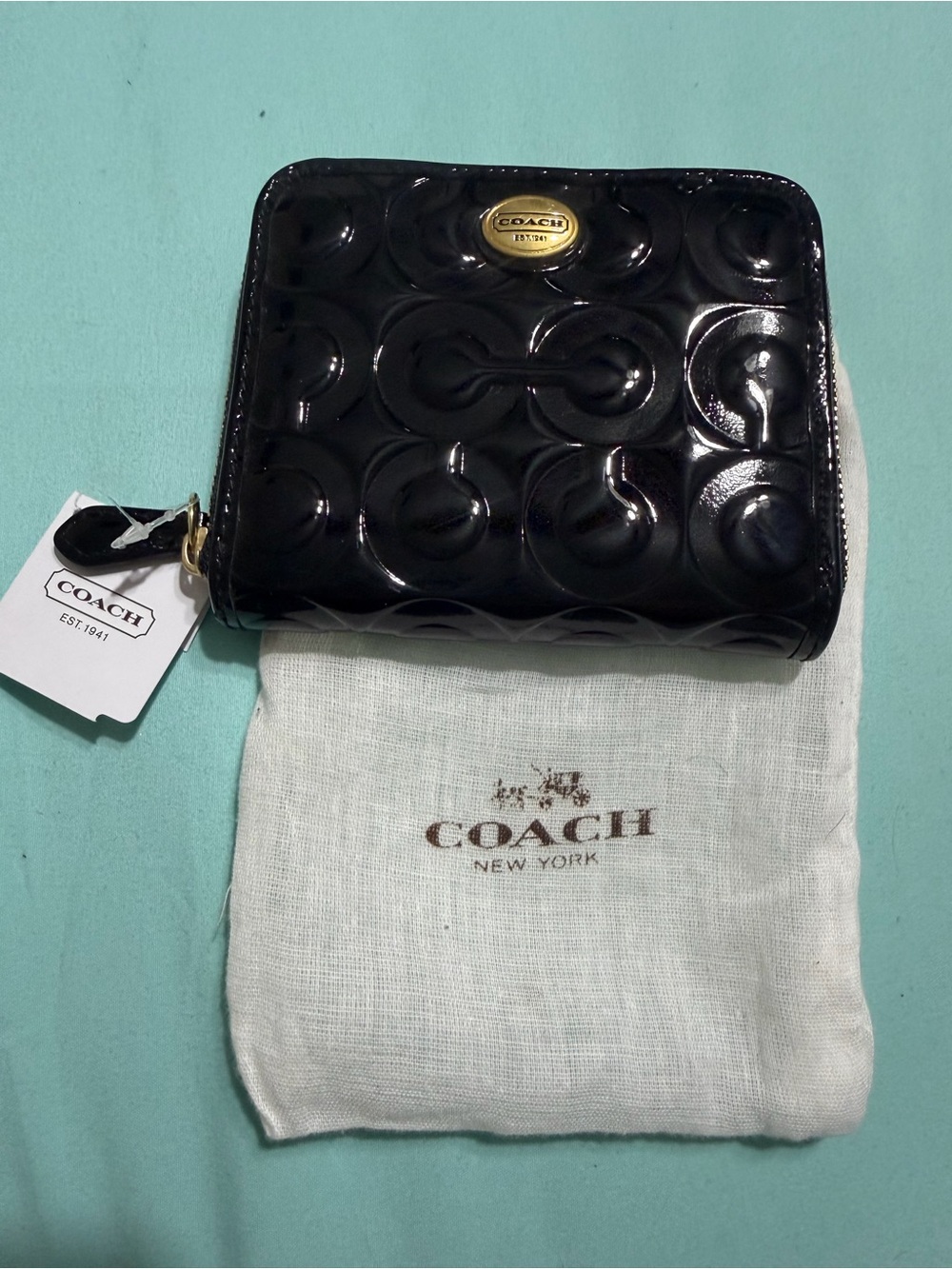 Coach Black Patent Leather Embossed Zip-Around Wallet